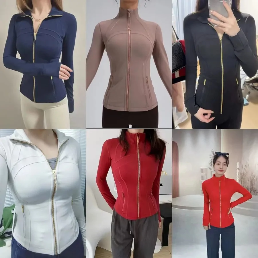 Fitted zip jackets in navy, taupe, black, white and red