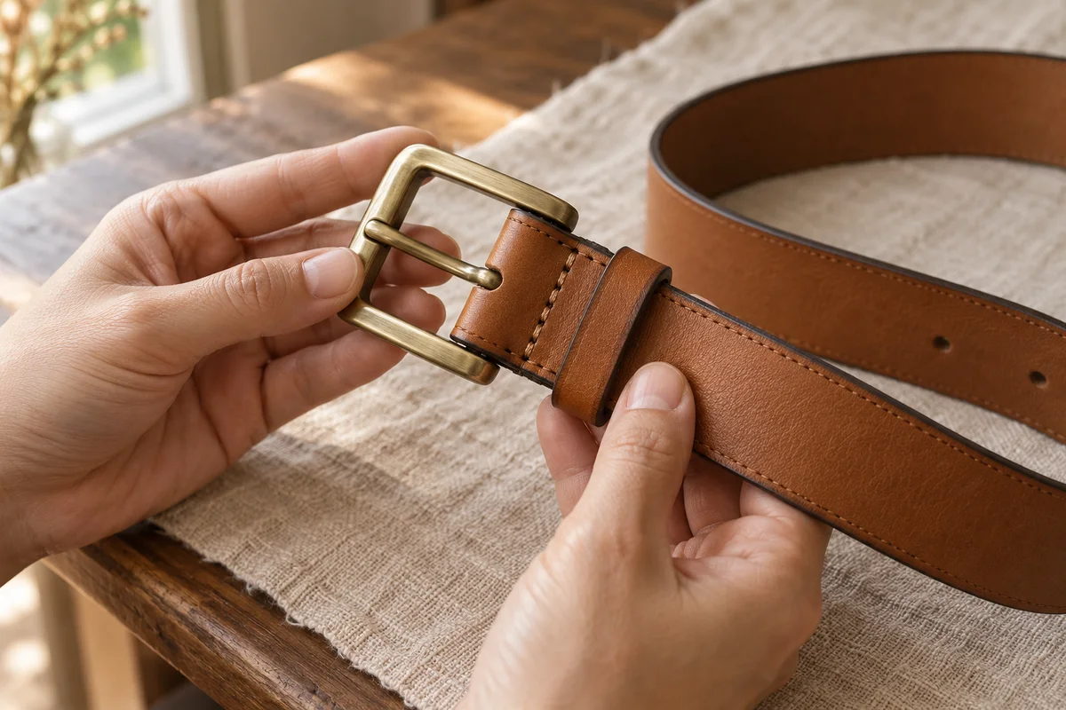 Illustrative belt fastening view showing the buckle, seam and strap edge