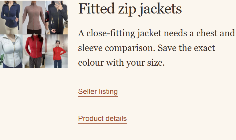 An actual Finds entry with its product photo, fit advice, seller listing and product details links